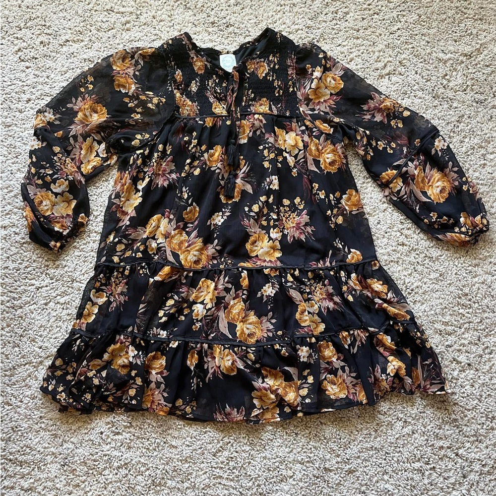 Blue Rain Black and Gold Floral Dress with Billowy Sleeves
